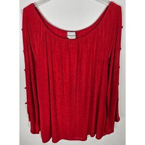 Brylane Woman Women's Size 1X Red Blouse Top Long Asymmetrical Sleeve Elastic NL